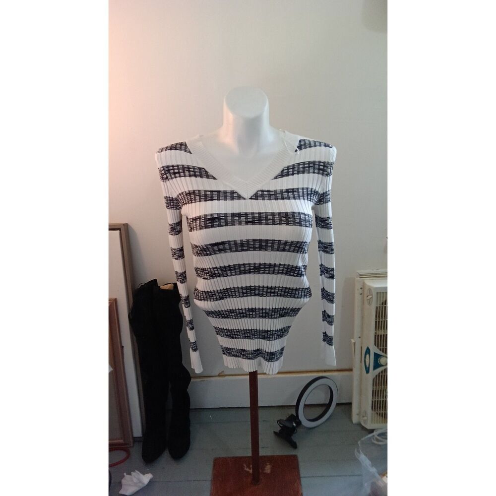 Pink Republic White Black Striped Ribbed V Neck Sweater Size L